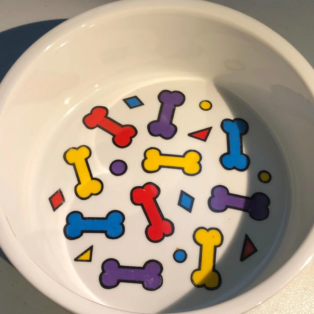 Ceramic large Dog Bowl with Colorful Bone Pattern - White